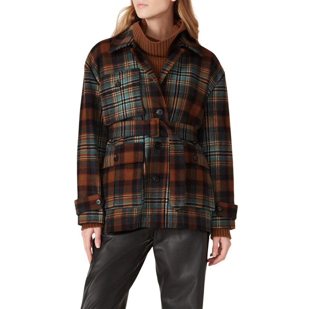 Women's CO Flannel Plaid Jacket Coat Belted Shacket Brown/Green $1425 - Size XS